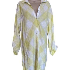 Yellow and White Plaid Button-Up Shirt Dress long sleeves buttons sleeve sz3
